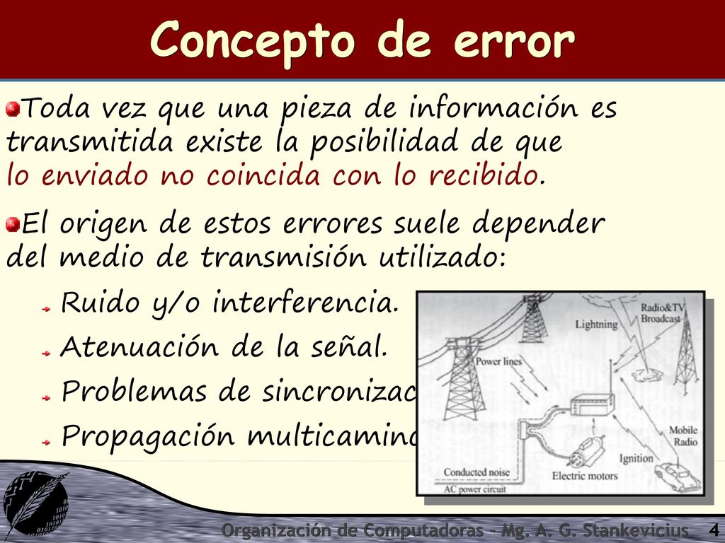 Concepto de error Toda vez que una pieza de información es transmitida existe la posibilidad de que lo enviado no coincida con lo recibido.