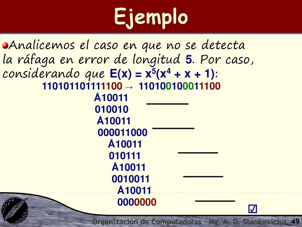 Ejemplo Analicemos el caso en que no se detecta la ráfaga en error de longitud 5. Por caso, considerando que E(x) = x5(x4 + x + 1):
