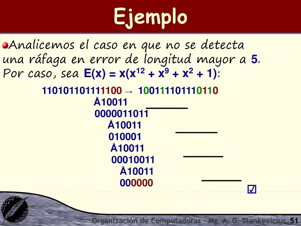 Ejemplo Analicemos el caso en que no se detecta una ráfaga en error de longitud mayor a 5. Por caso, sea E(x) = x(x12 + x9 + x2 + 1):
