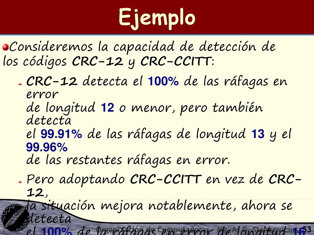 Ejemplo Consideremos la capacidad de detección de los códigos CRC-12 y CRC-CCITT:
