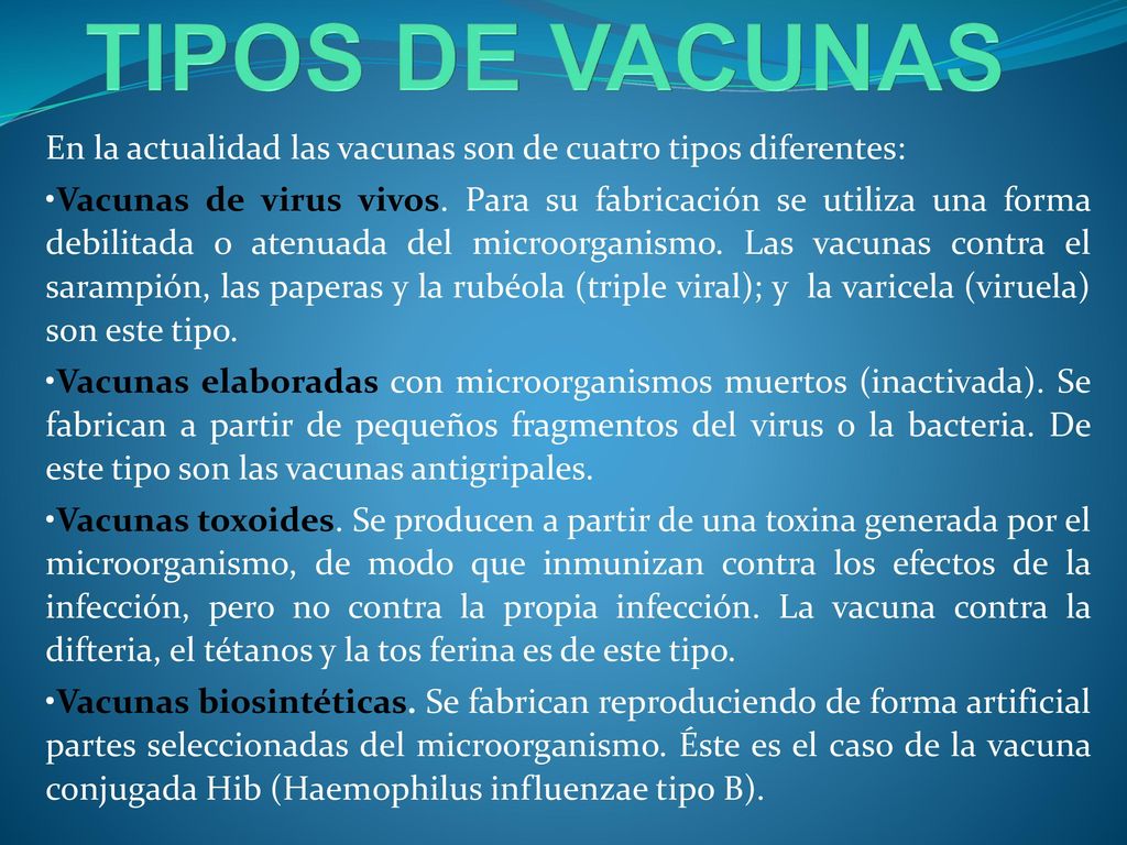 TIPOS DE VACUNAS En la actualidad las vacunas son de cuatro tipos diferentes: