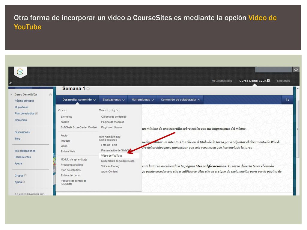 Otra forma de incorporar un vídeo a CourseSites es mediante la opción Vídeo de YouTube