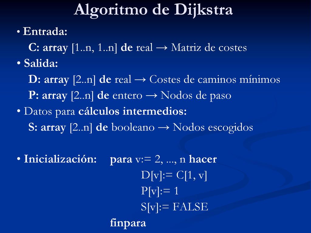 Algoritmo de Dijkstra C: array [1..n, 1..n] de real → Matriz de costes