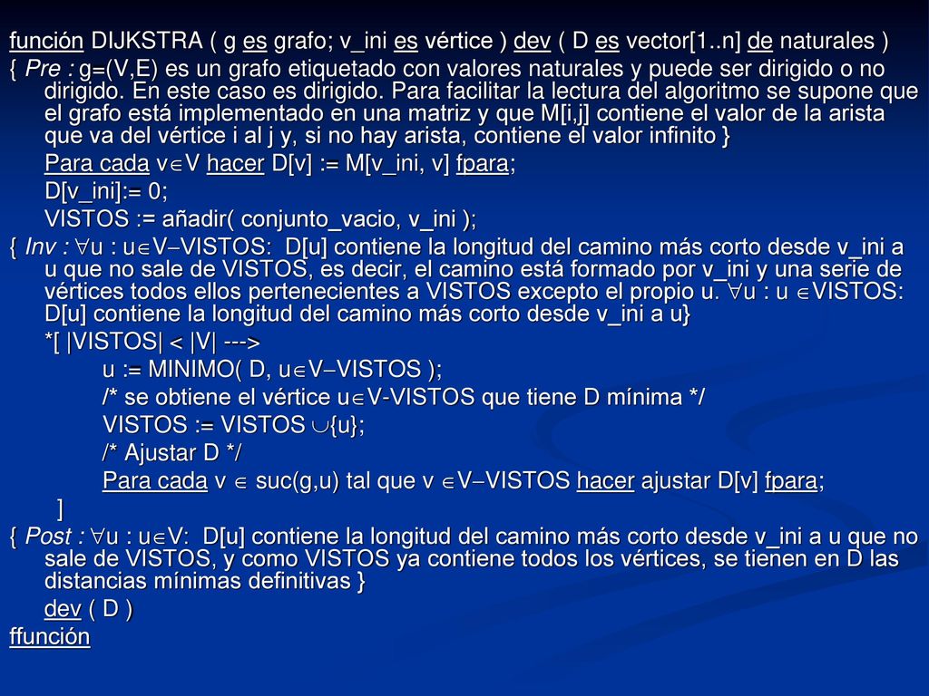 función DIJKSTRA ( g es grafo; v_ini es vértice ) dev ( D es vector[1