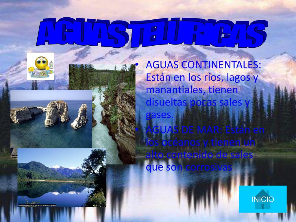 AGUAS TELURICAS AGUAS CONTINENTALES: Están en los ríos, lagos y manantiales, tienen disueltas pocas sales y gases.
