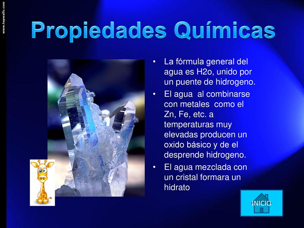 Propiedades Químicas La fórmula general del agua es H2o, unido por un puente de hidrogeno.
