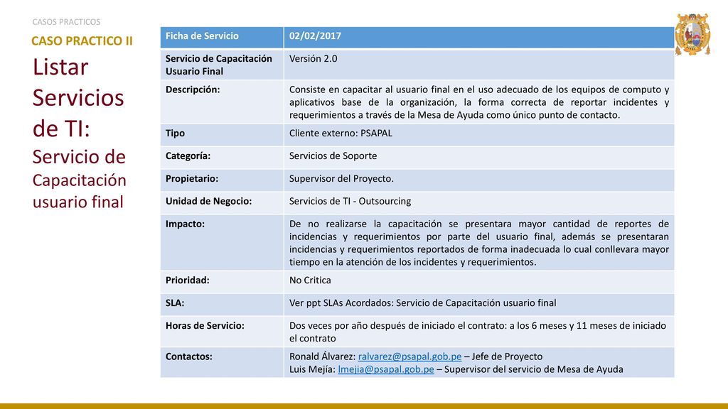 Listar Servicios de TI: Servicio de Capacitación usuario final