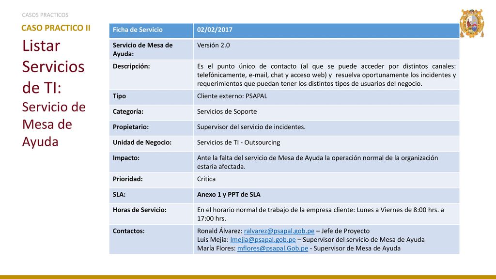 Listar Servicios de TI: Servicio de Mesa de Ayuda CASO PRACTICO II