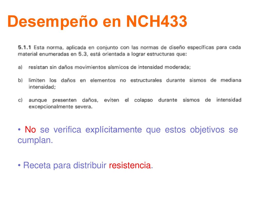Desempeño en NCH433 • No se verifica explícitamente que estos objetivos se cumplan.