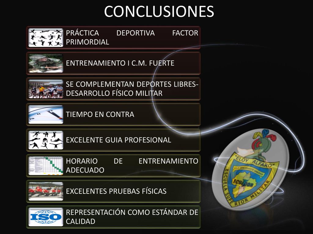 CONCLUSIONES PRÁCTICA DEPORTIVA FACTOR PRIMORDIAL. ENTRENAMIENTO I C.M. FUERTE. SE COMPLEMENTAN DEPORTES LIBRES-DESARROLLO FÍSICO MILITAR.