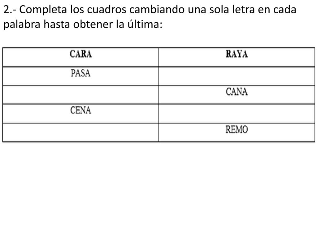2.- Completa los cuadros cambiando una sola letra en cada palabra hasta obtener la última: