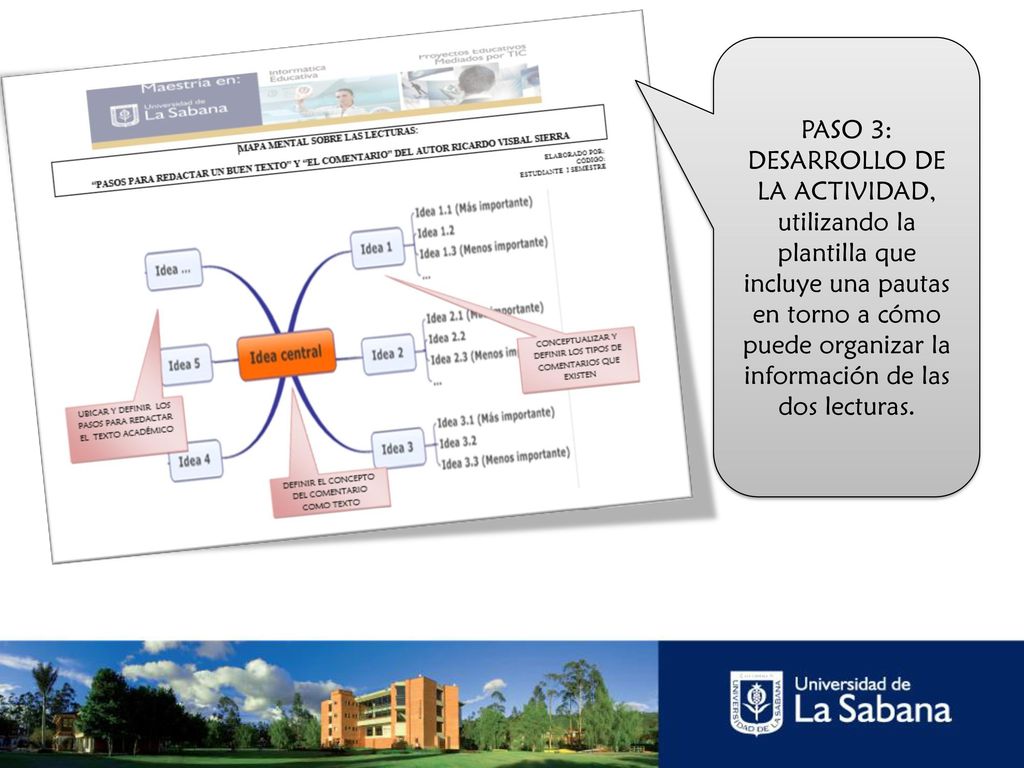 PASO 3: DESARROLLO DE LA ACTIVIDAD, utilizando la plantilla que incluye una pautas en torno a cómo puede organizar la información de las dos lecturas.