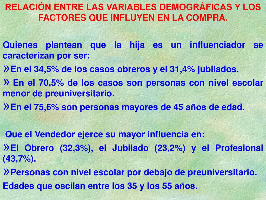 RELACIÓN ENTRE LAS VARIABLES DEMOGRÁFICAS Y LOS FACTORES QUE INFLUYEN EN LA COMPRA.