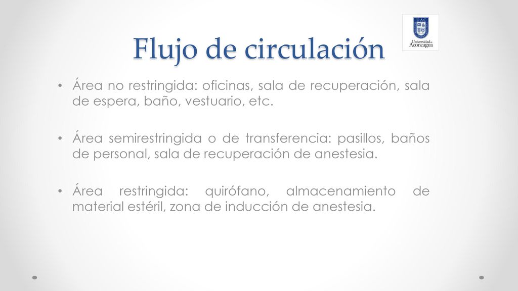 Flujo de circulación Área no restringida: oficinas, sala de recuperación, sala de espera, baño, vestuario, etc.