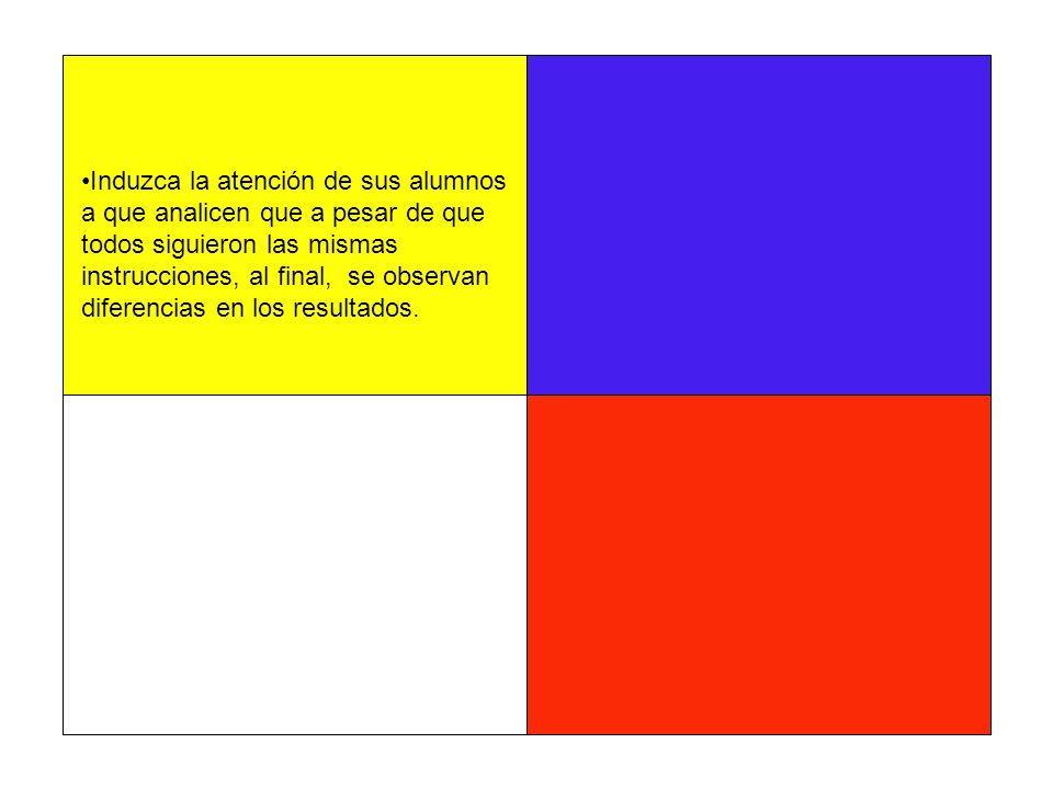 Induzca la atención de sus alumnos a que analicen que a pesar de que todos siguieron las mismas instrucciones, al final, se observan diferencias en los resultados.