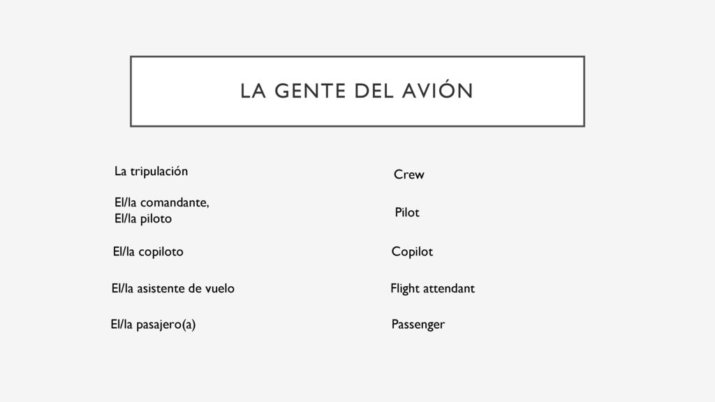 La gente del avión La tripulación Crew El/la comandante, El/la piloto