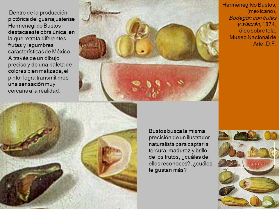 Hermenegildo Bustos, (mexicano), Bodegón con frutas y alacrán, 1874, óleo sobre tela, Museo Nacional de Arte, D.F.