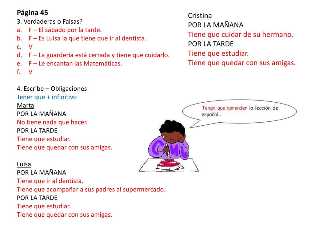 Tiene que cuidar de su hermano. POR LA TARDE Tiene que estudiar.