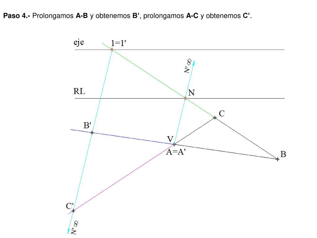 Paso 4.- Prolongamos A-B y obtenemos B’, prolongamos A-C y obtenemos C’.