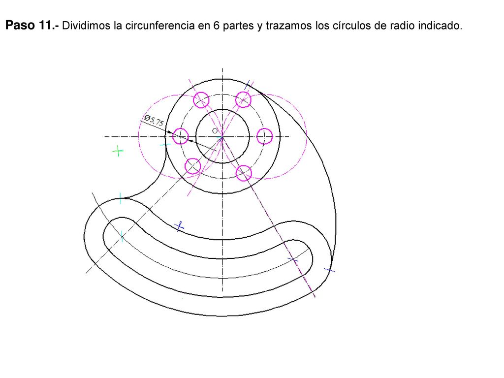 Paso 11.- Dividimos la circunferencia en 6 partes y trazamos los círculos de radio indicado.
