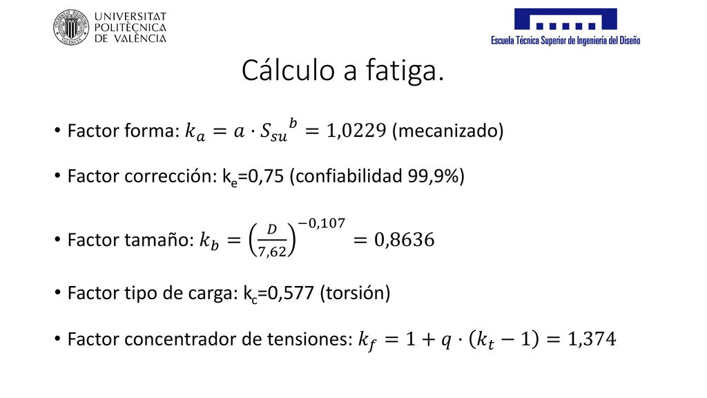 Cálculo a fatiga. Factor forma: 𝑘 𝑎 =𝑎· 𝑆 𝑠𝑢 𝑏 =1,0229 (mecanizado)