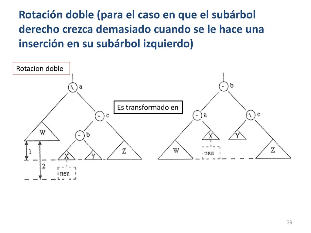 Rotación doble (para el caso en que el subárbol derecho crezca demasiado cuando se le hace una inserción en su subárbol izquierdo)