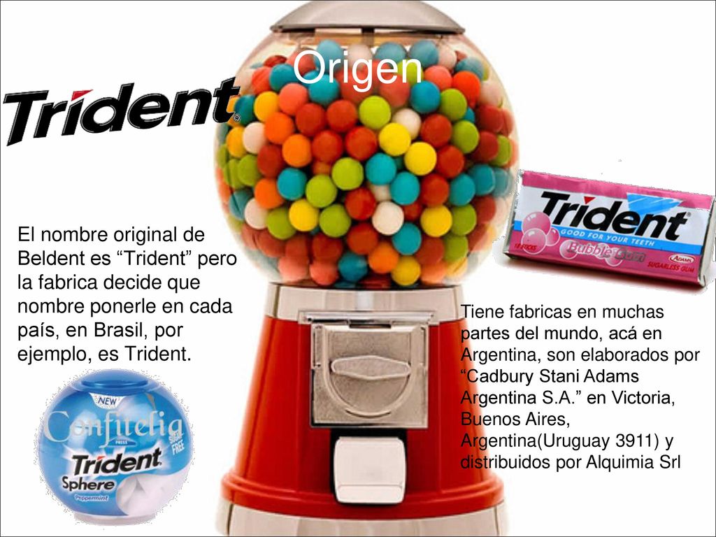 Origen El nombre original de Beldent es Trident pero la fabrica decide que nombre ponerle en cada país, en Brasil, por ejemplo, es Trident.