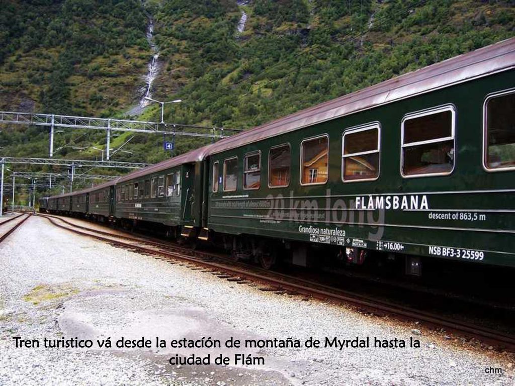 Tren turistico vá desde la estacíón de montaña de Myrdal hasta la ciudad de Flám