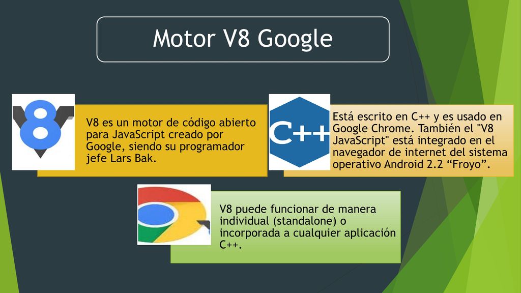 Motor V8 Google V8 es un motor de código abierto para JavaScript creado por Google, siendo su programador jefe Lars Bak.