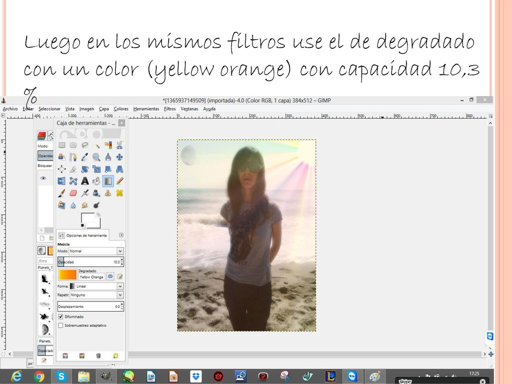 Luego en los mismos filtros use el de degradado con un color (yellow orange) con capacidad 10,3 %