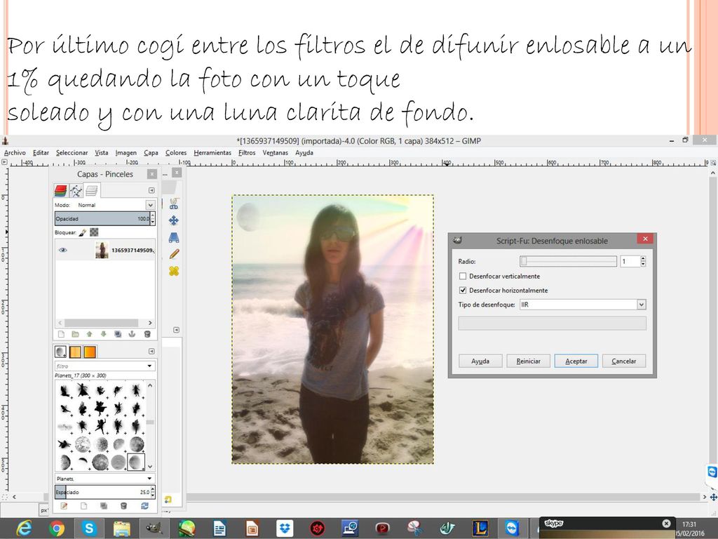 Por último cogí entre los filtros el de difunir enlosable a un 1% quedando la foto con un toque