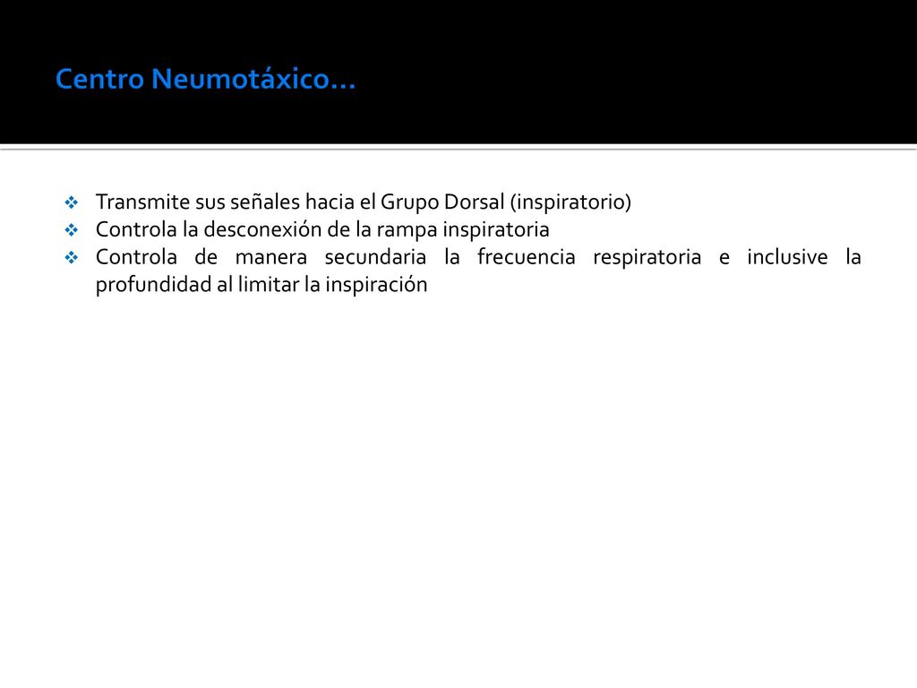 Centro Neumotáxico… Transmite sus señales hacia el Grupo Dorsal (inspiratorio) Controla la desconexión de la rampa inspiratoria.