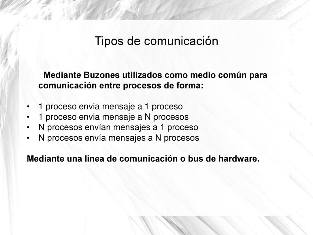 Tipos de comunicación Mediante Buzones utilizados como medio común para comunicación entre procesos de forma:
