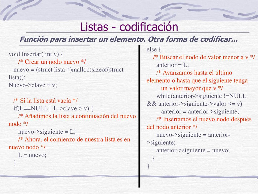 Listas - codificación Función para insertar un elemento. Otra forma de codificar... else { /* Buscar el nodo de valor menor a v */