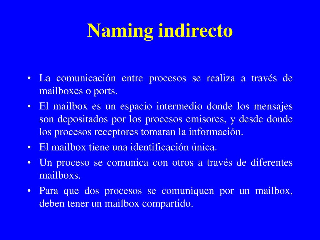 Naming indirecto La comunicación entre procesos se realiza a través de mailboxes o ports.