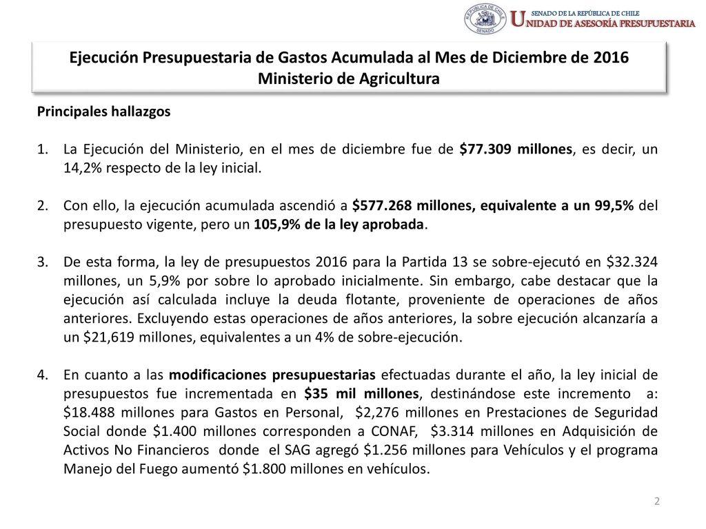 Ejecución Presupuestaria de Gastos Acumulada al Mes de Diciembre de 2016 Ministerio de Agricultura