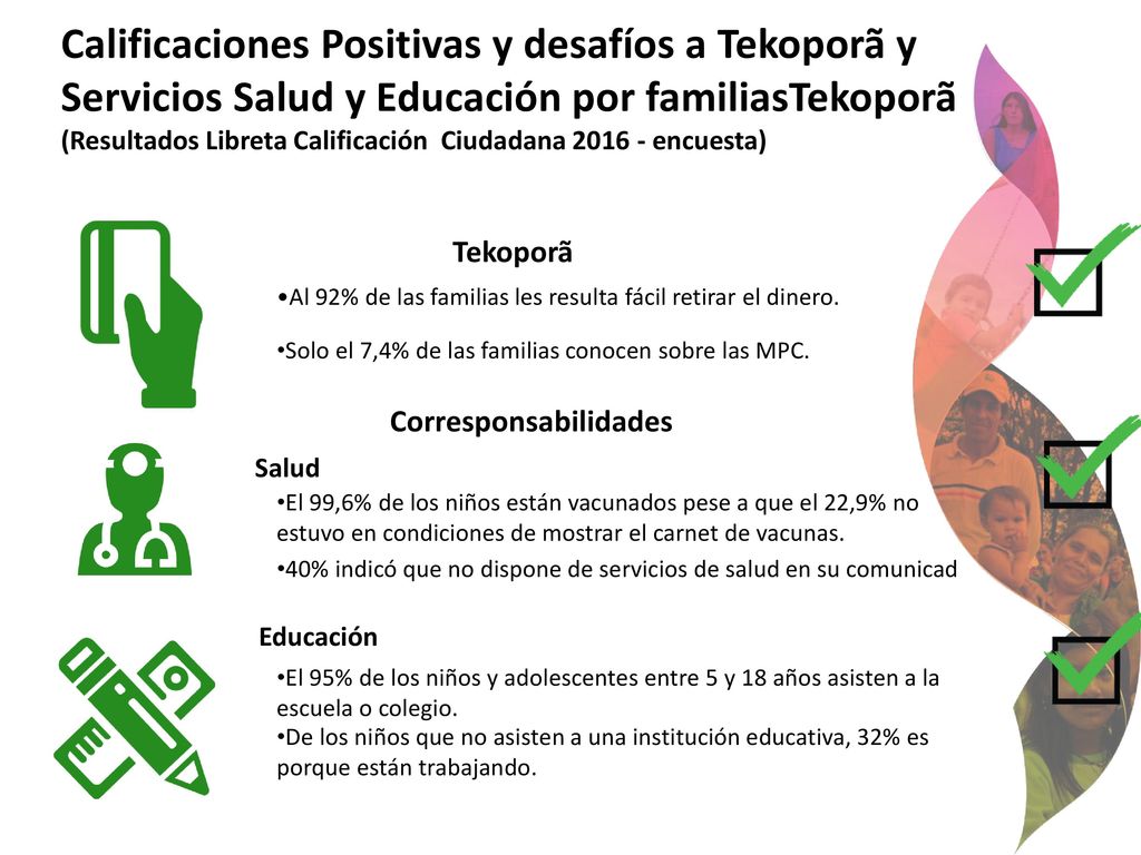 Calificaciones Positivas y desafíos a Tekoporã y Servicios Salud y Educación por familiasTekoporã