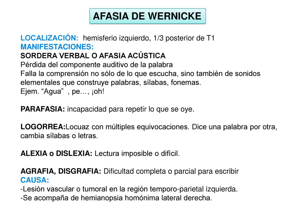 AFASIA DE WERNICKE LOCALIZACIÓN: hemisferio izquierdo, 1/3 posterior de T1. MANIFESTACIONES: SORDERA VERBAL O AFASIA ACÚSTICA.