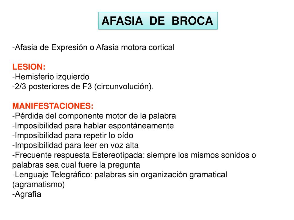 AFASIA DE BROCA Afasia de Expresión o Afasia motora cortical LESION: