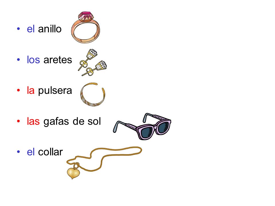 el anillo los aretes la pulsera las gafas de sol el collar