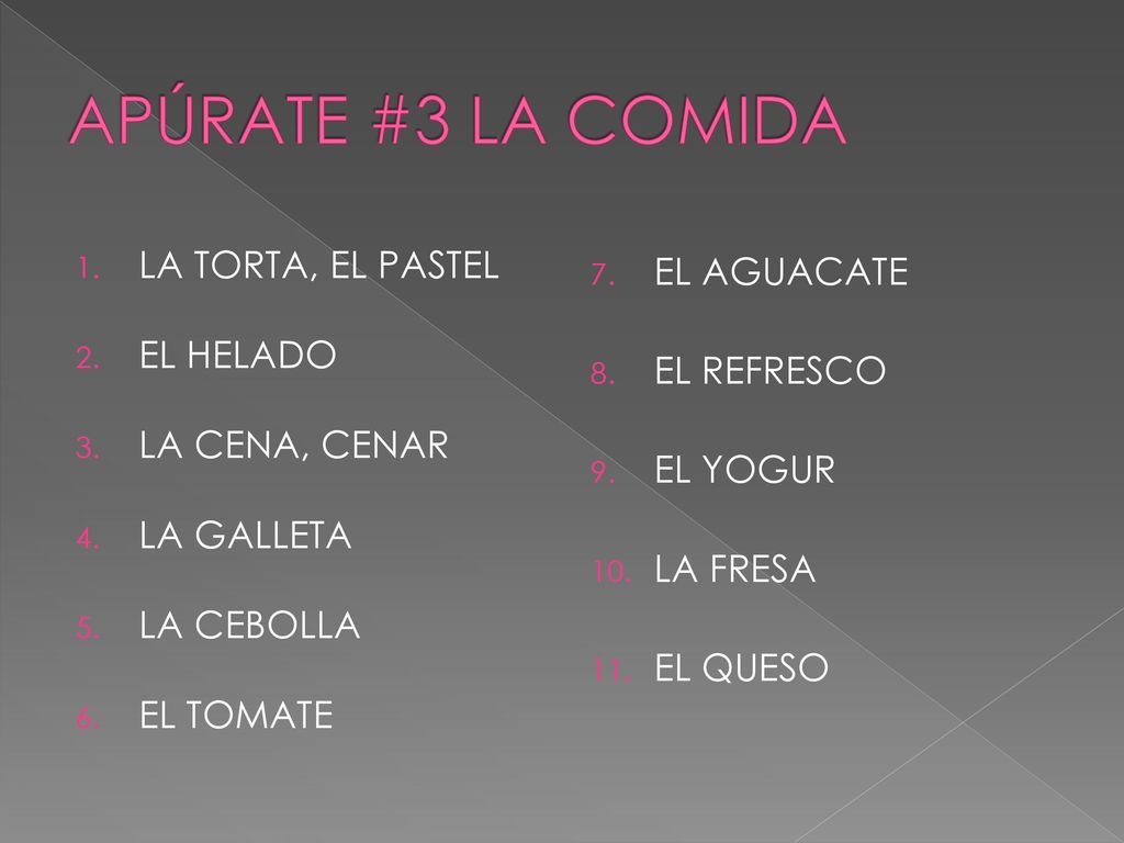 APÚRATE #3 LA COMIDA LA TORTA, EL PASTEL EL HELADO LA CENA, CENAR