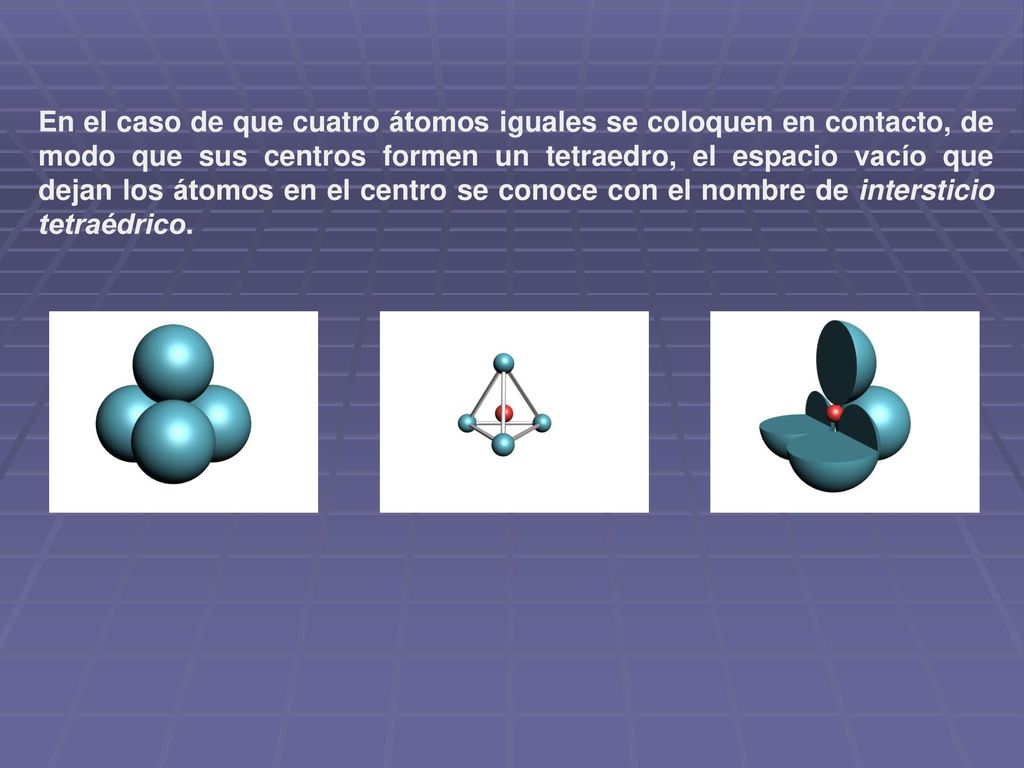 En el caso de que cuatro átomos iguales se coloquen en contacto, de modo que sus centros formen un tetraedro, el espacio vacío que dejan los átomos en el centro se conoce con el nombre de intersticio tetraédrico.
