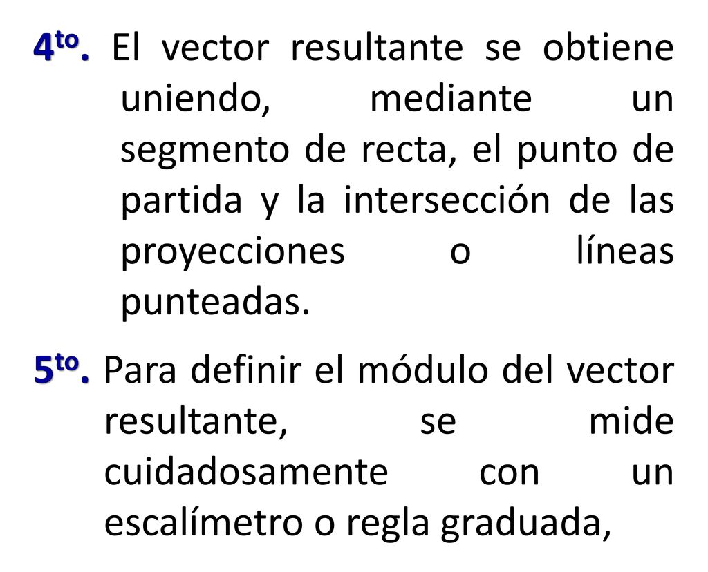 4to. El vector resultante se obtiene uniendo, mediante un segmento de recta, el punto de partida y la intersección de las proyecciones o líneas punteadas.