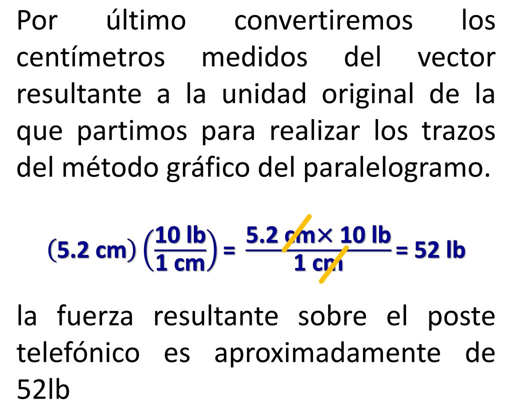 Por último convertiremos los centímetros medidos del vector resultante a la unidad original de la que partimos para realizar los trazos del método gráfico del paralelogramo.