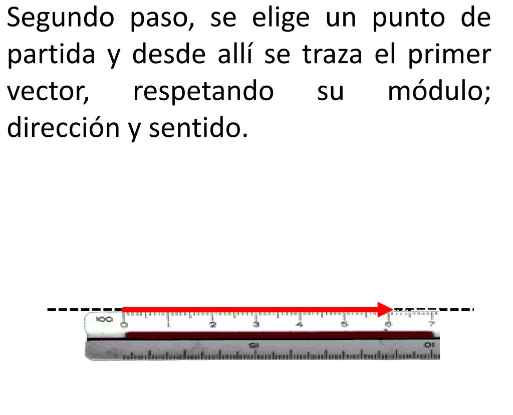 Segundo paso, se elige un punto de partida y desde allí se traza el primer vector, respetando su módulo; dirección y sentido.