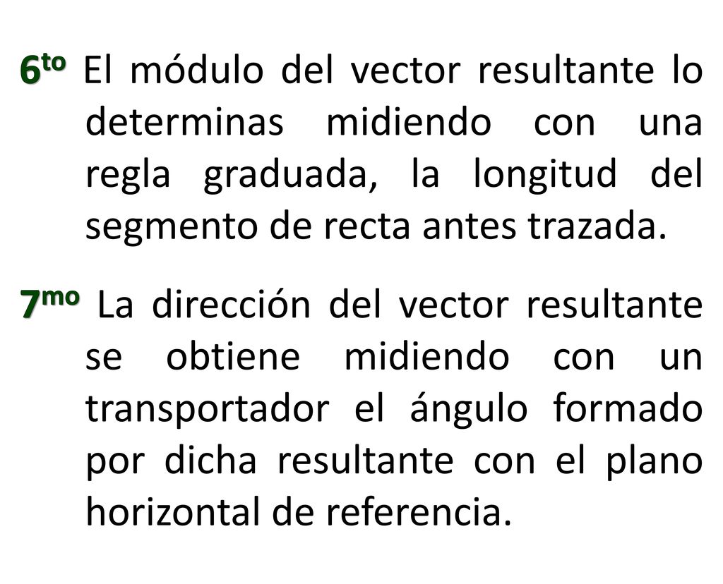 6to El módulo del vector resultante lo determinas midiendo con una regla graduada, la longitud del segmento de recta antes trazada.