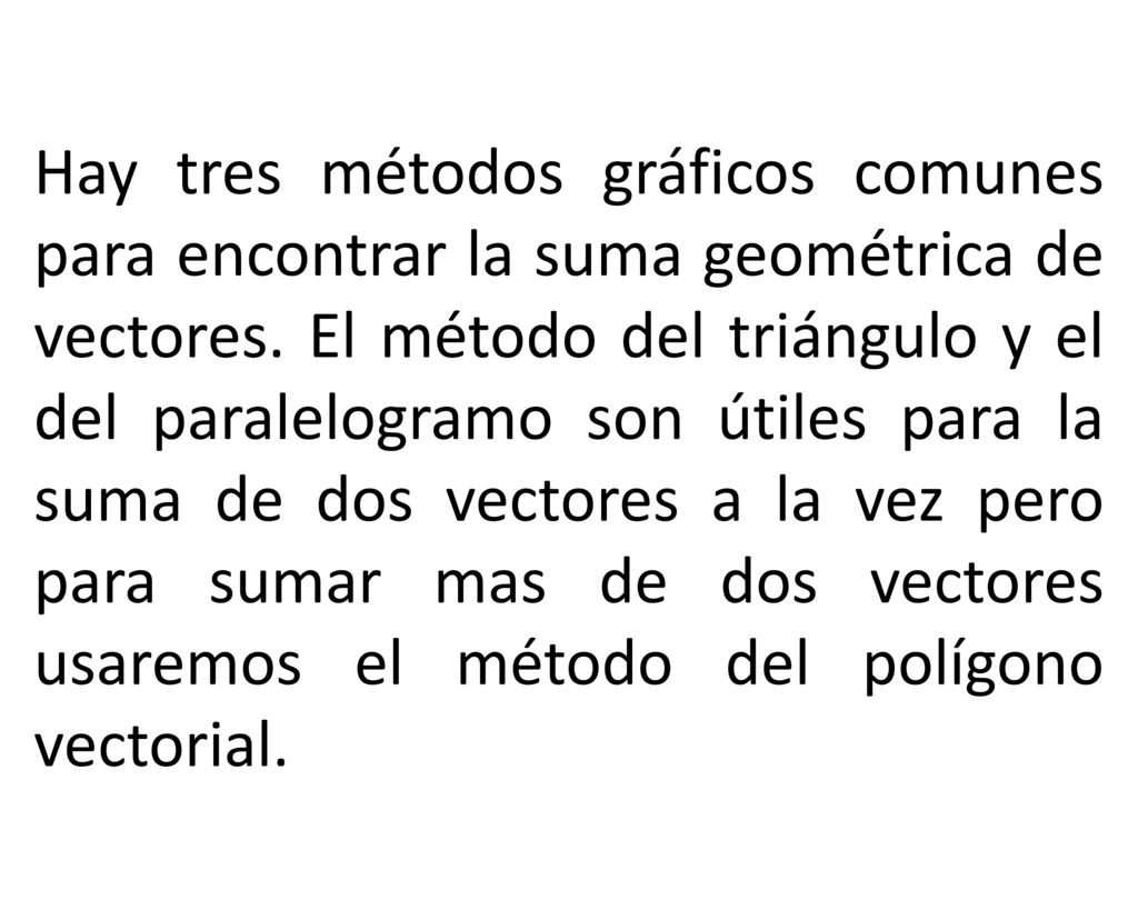 Hay tres métodos gráficos comunes para encontrar la suma geométrica de vectores.