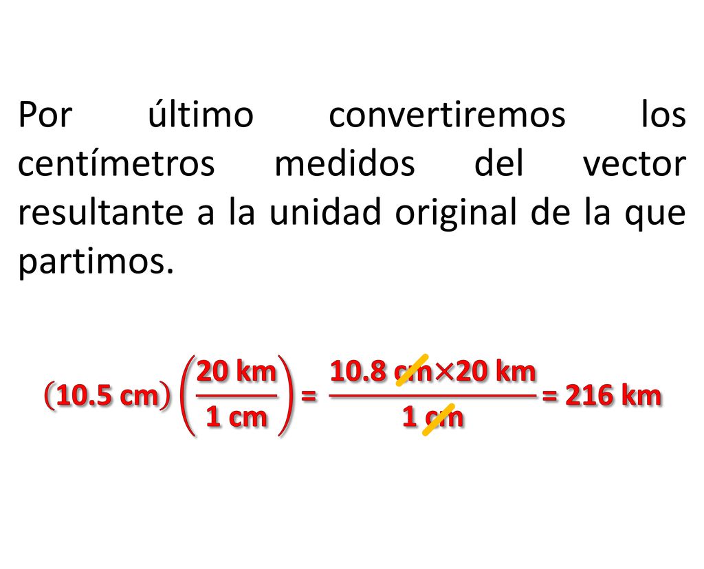 Por último convertiremos los centímetros medidos del vector resultante a la unidad original de la que partimos.