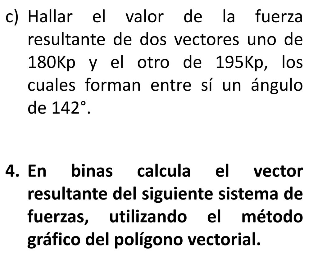 Hallar el valor de la fuerza resultante de dos vectores uno de 180Kp y el otro de 195Kp, los cuales forman entre sí un ángulo de 142°.