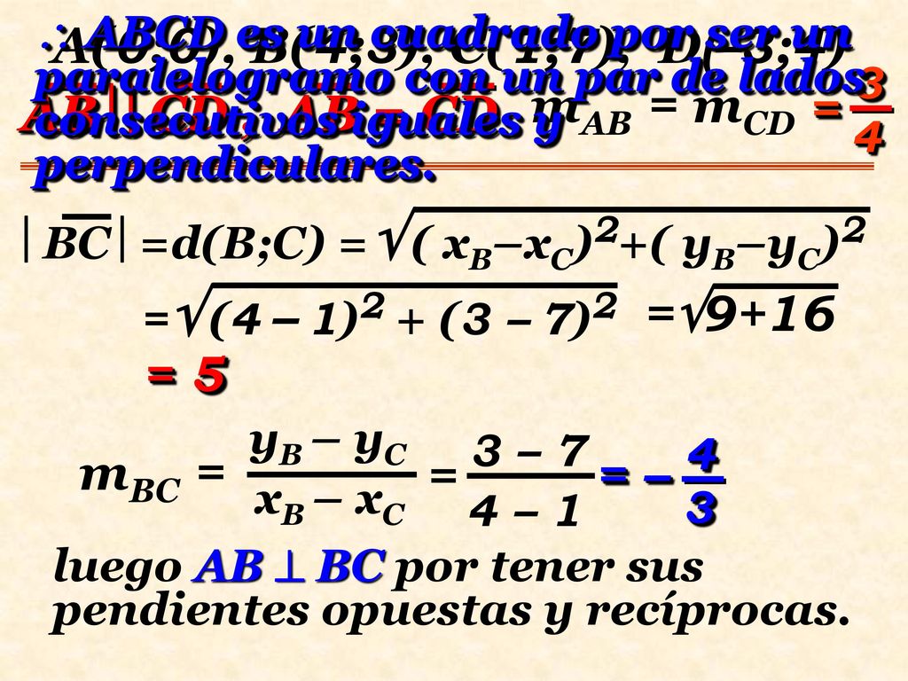 A(0;0), B(4;3), C(1;7), D(–3;4) mAB = mCD = AB CD , AB = CD =9+16